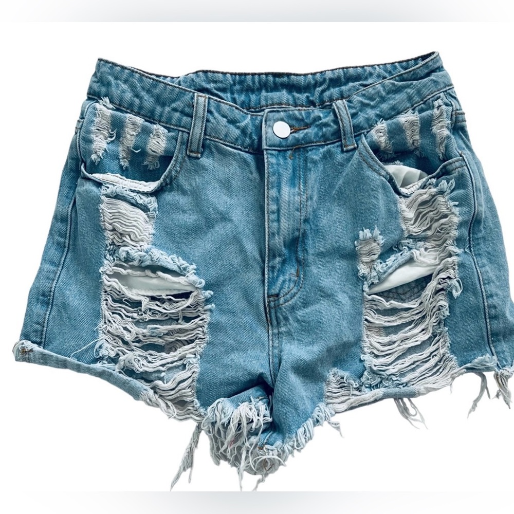 SHEIN Women’s High Rise Denim Cutoff Destroyed Blue Jean Shorts Size 28
